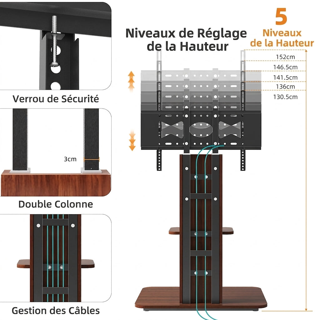 Support TV sur Pied Bois et Métal avec Étagère – Réglable 5 Hauteurs, TV 32-65", 40 kg, Passe-Câbles