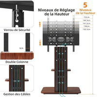 Support TV sur Pied Bois et Métal avec Étagère – Réglable 5 Hauteurs, TV 32-65", 40 kg, Passe-Câbles
