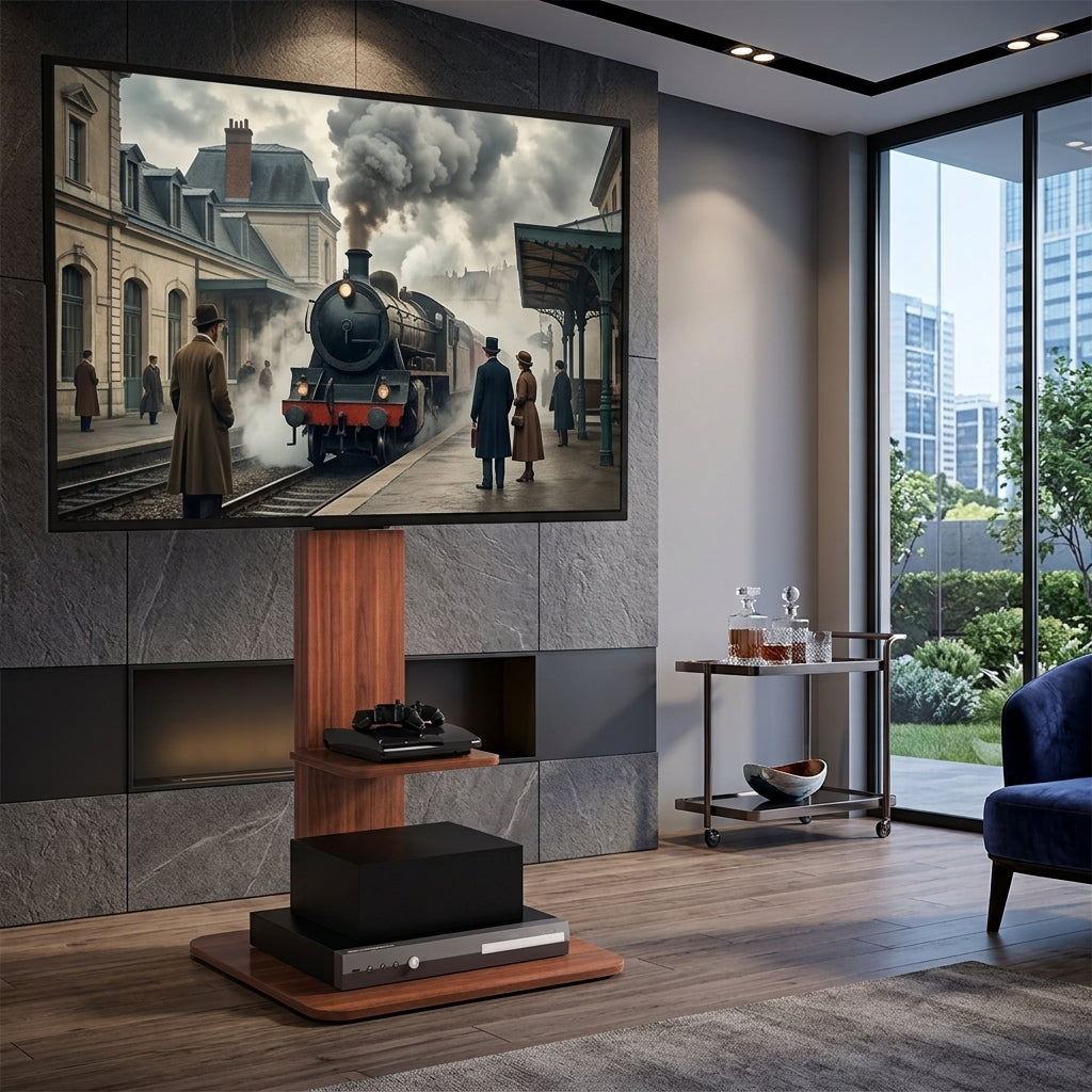 Support TV sur Pied Bois et Métal avec Étagère – Réglable 5 Hauteurs, TV 32-65", 40 kg, Passe-Câbles