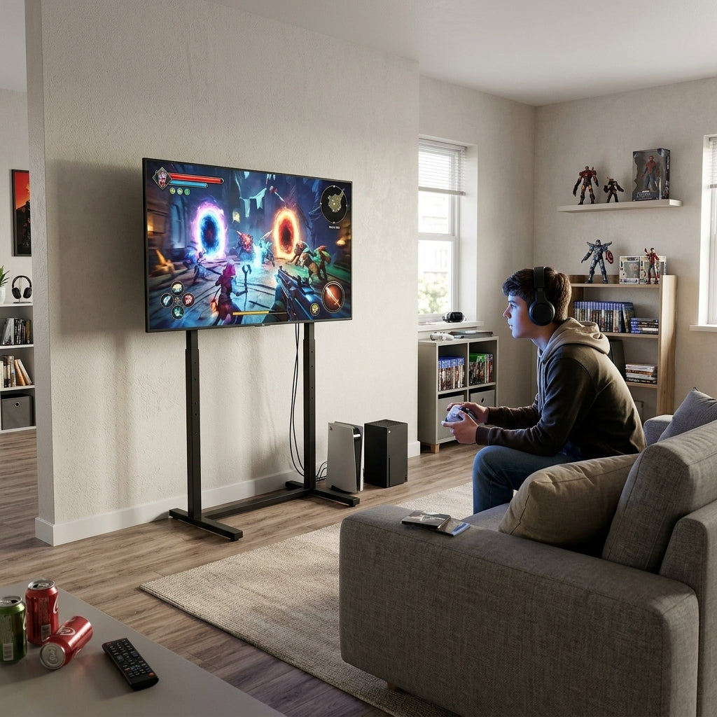 Support TV sur Pied Métal Design Minimaliste – 32 à 100 Pouces, Hauteur Réglable 120-150 cm, Charge 40kg