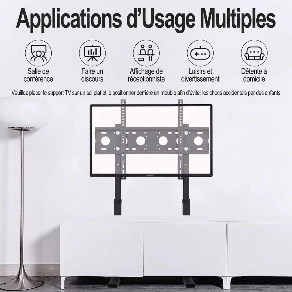 Support TV sur Pied Métal Design Minimaliste – 32 à 100 Pouces, Hauteur Réglable 120-150 cm, Charge 40kg