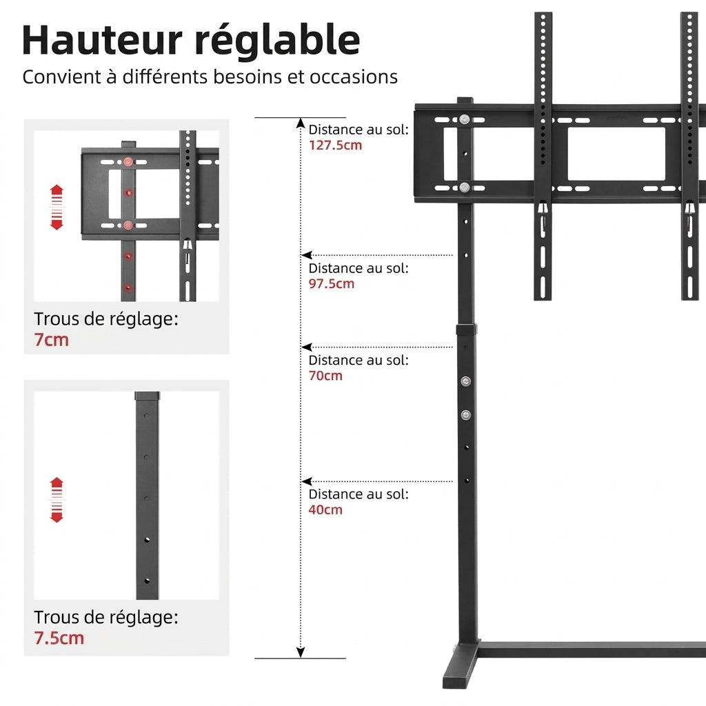 Support TV sur Pied Métal Design Minimaliste – 32 à 100 Pouces, Hauteur Réglable 120-150 cm, Charge 40kg