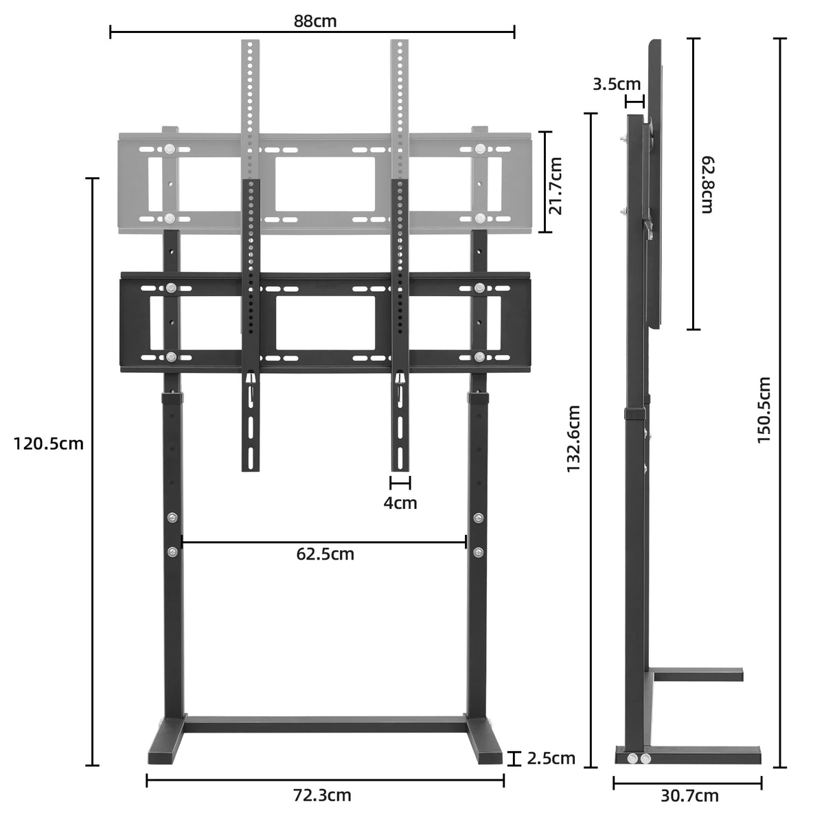 Support TV sur Pied Métal Design Minimaliste – 32 à 100 Pouces, Hauteur Réglable 120-150 cm, Charge 40kg