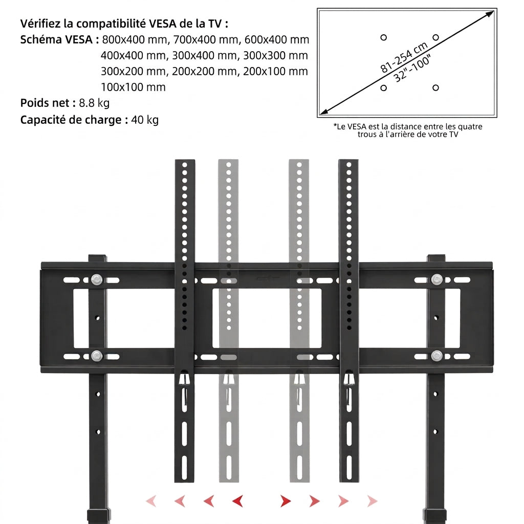 Support TV sur Pied Métal Design Minimaliste – 32 à 100 Pouces, Hauteur Réglable 120-150 cm, Charge 40kg