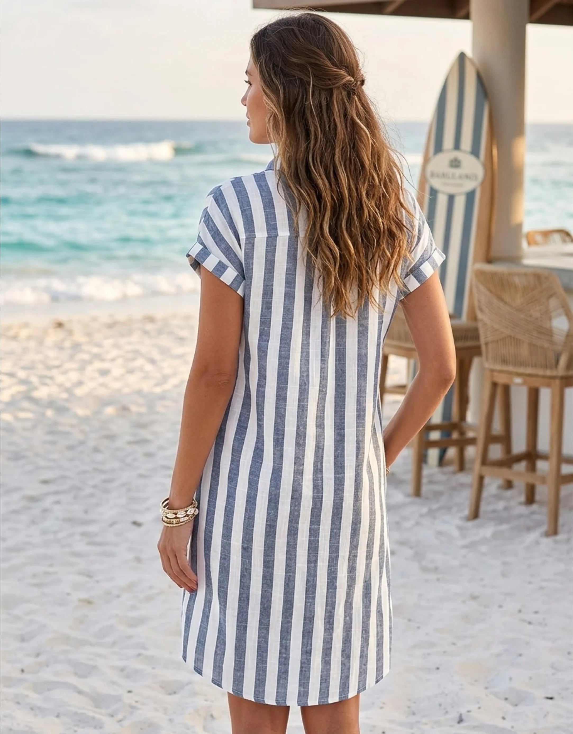 Robe Chemise Femme Rayée Col Mao Été Chic et Décontractée Galagga