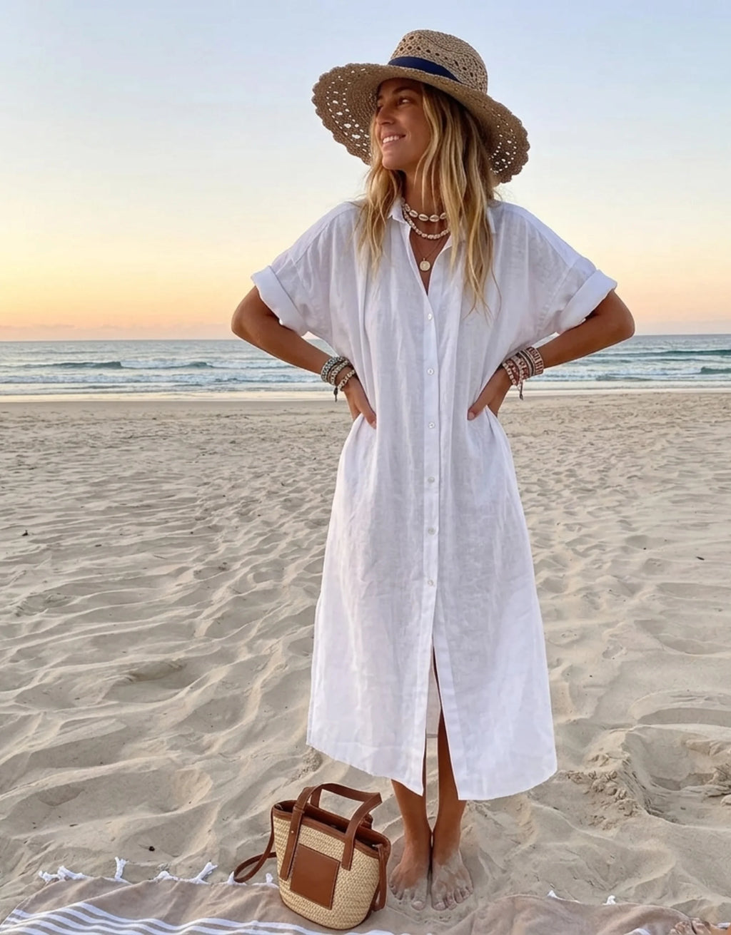 Robe Chemise Extra Longue Femme Coton Lin Bambou - Robe Maxi de Plage Chic Galagga