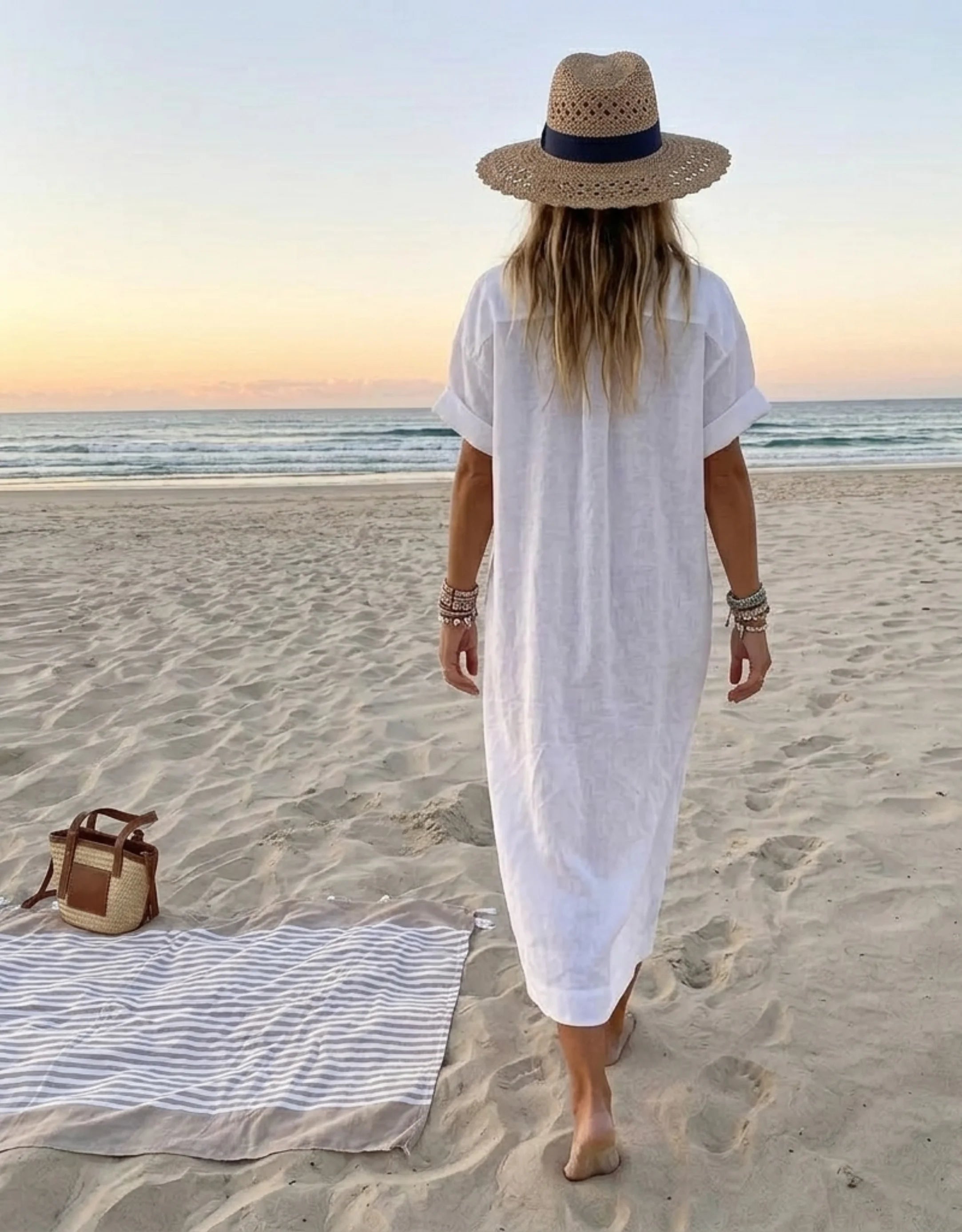 Robe Chemise Extra Longue Femme Coton Lin Bambou - Robe Maxi de Plage Chic Galagga
