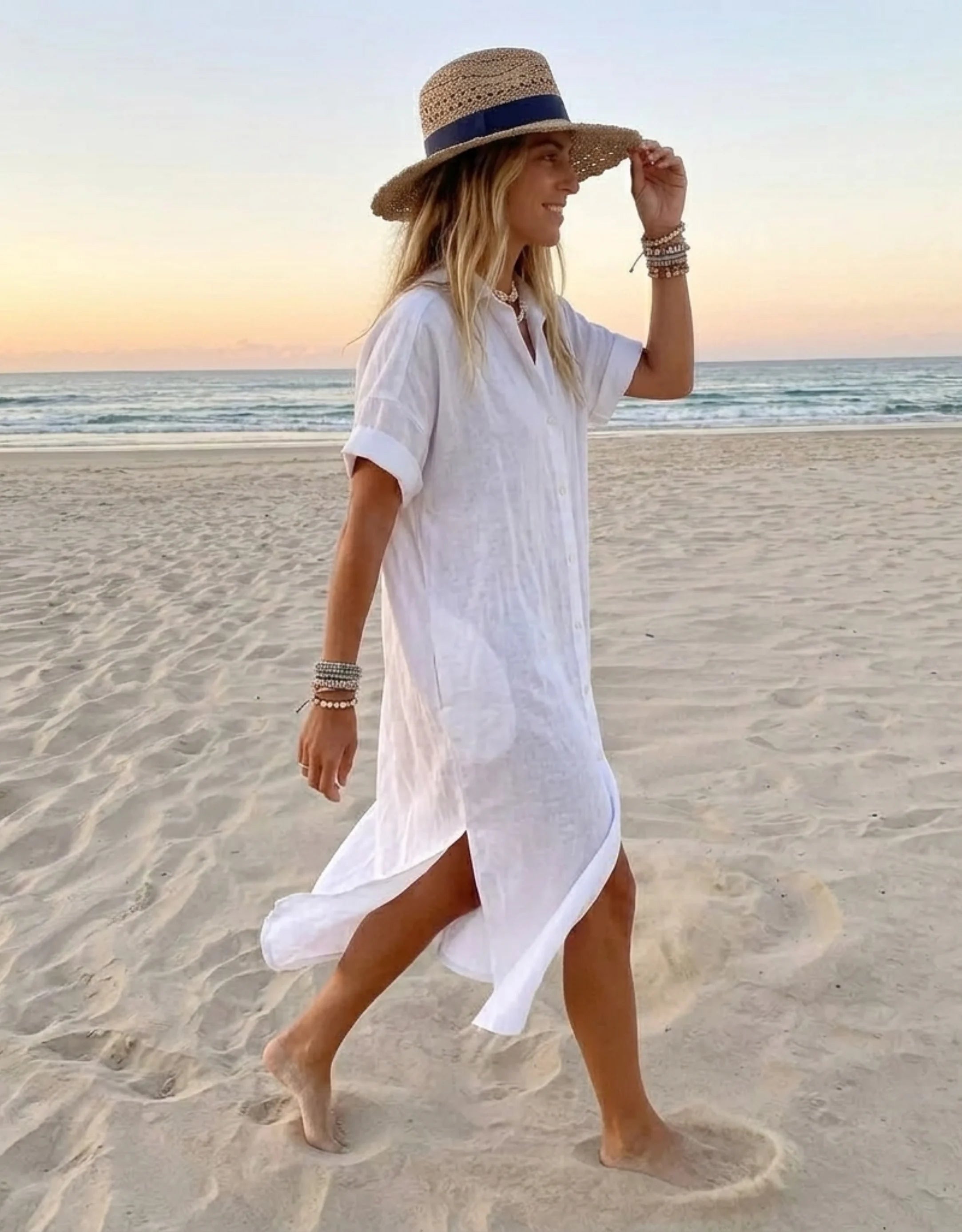 Robe Chemise Extra Longue Femme Coton Lin Bambou - Robe Maxi de Plage Chic Galagga