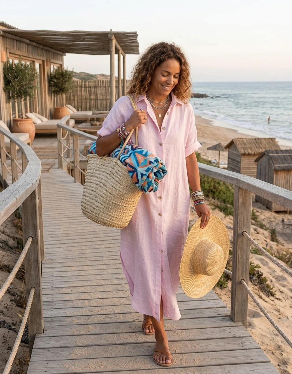 Robe Chemise Extra Longue Femme Coton Lin Bambou - Robe Maxi de Plage Chic Galagga