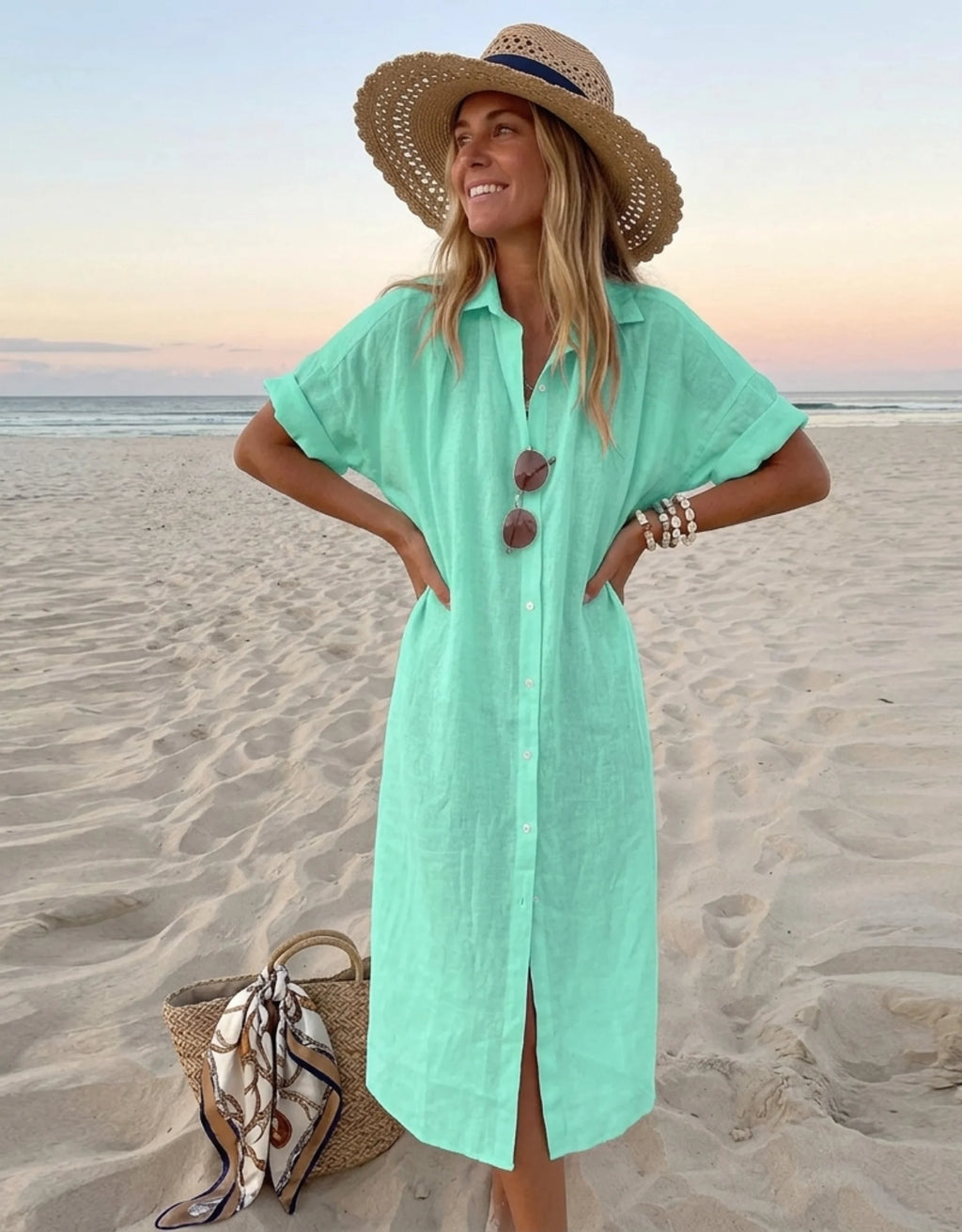 Robe Chemise Extra Longue Femme Coton Lin Bambou - Robe Maxi de Plage Chic Galagga