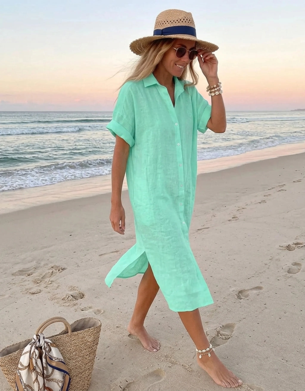 Robe Chemise Extra Longue Femme Coton Lin Bambou - Robe Maxi de Plage Chic Galagga