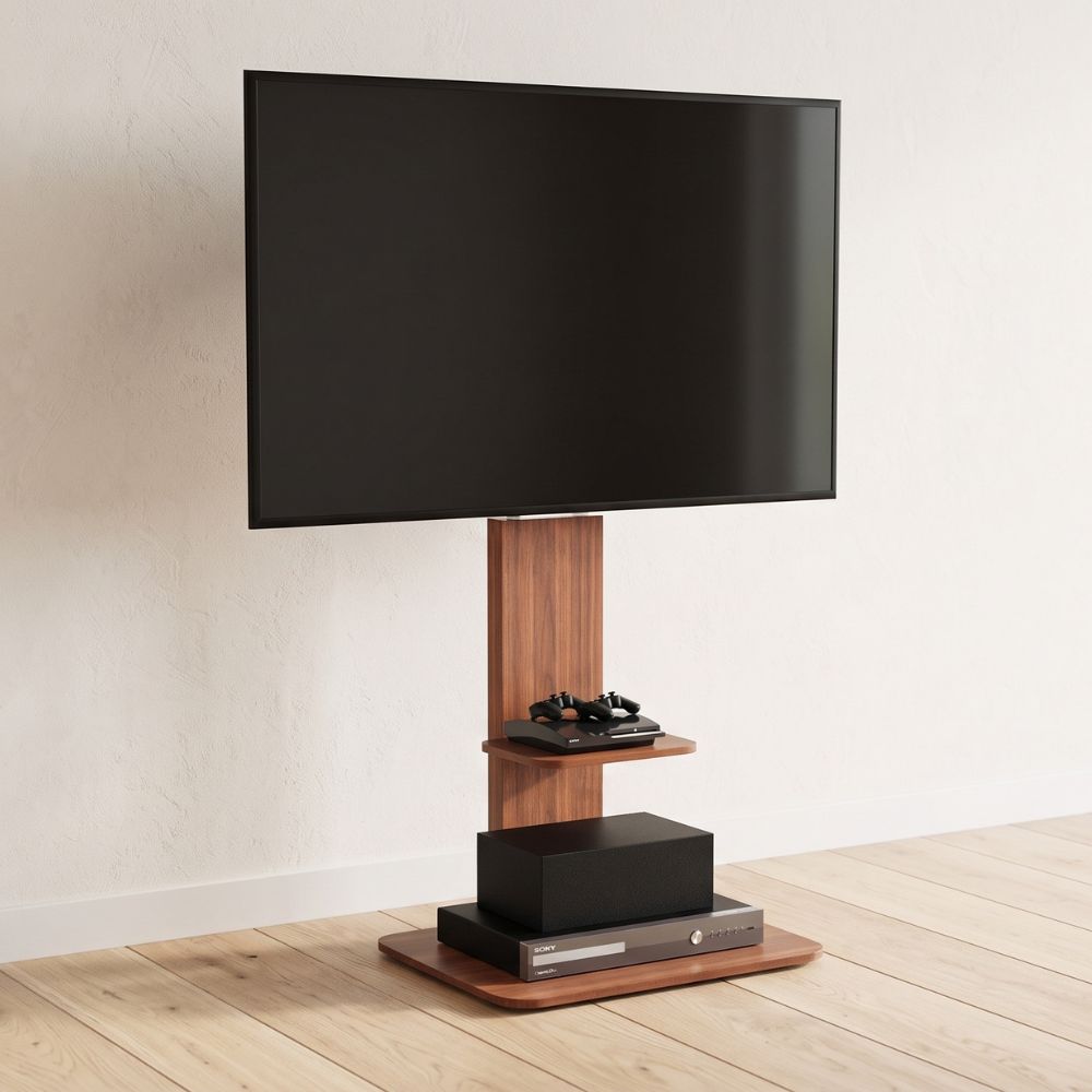 Support TV sur Pied Bois et Métal avec Étagère – Réglable 5 Hauteurs, TV 32-65", 40 kg, Passe-Câbles