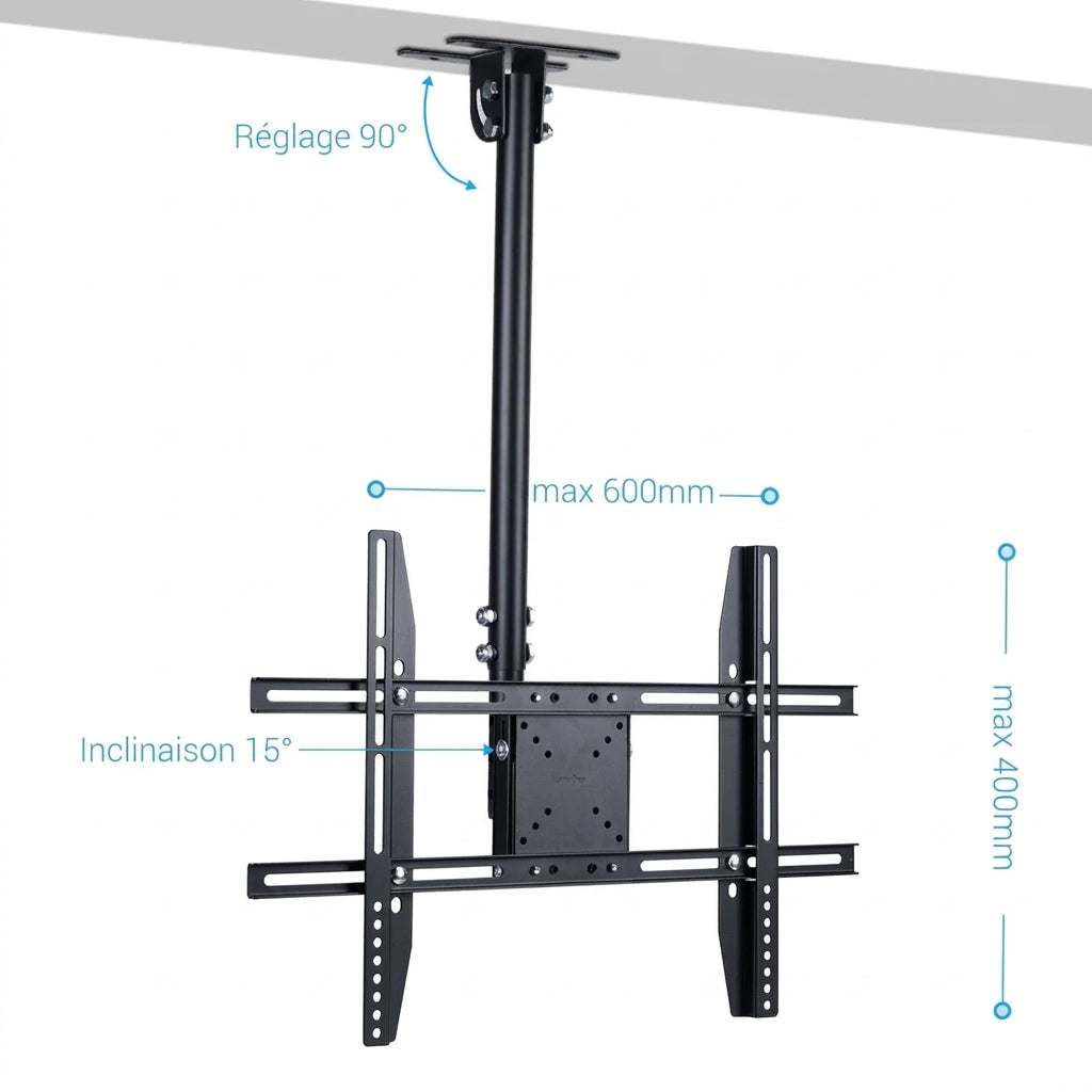Support TV Plafond Orientable et Inclinable – 26 à 65 Pouces, Hauteur Réglable 57-97 cm, 30 kg