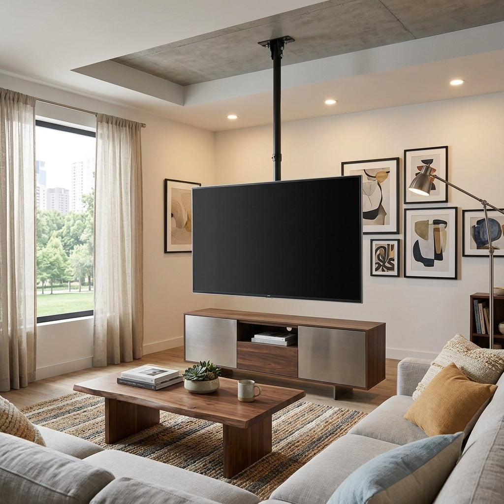 Support TV Plafond Orientable et Inclinable – 26 à 65 Pouces, Hauteur Réglable 57-97 cm, 30 kg